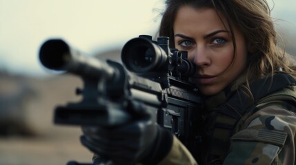 Young military female army soldier looks into gun sight and aims