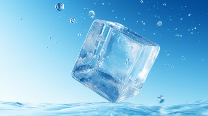 Falling ice cube on a blue background. Frozen water closeup.