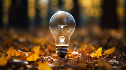 Light bulb among dry leaves in autumn woods ground - obrazy, fototapety, plakaty