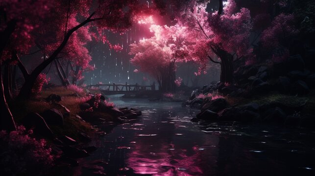 In the forest at night, a pond and a pink tree. photography tricks
