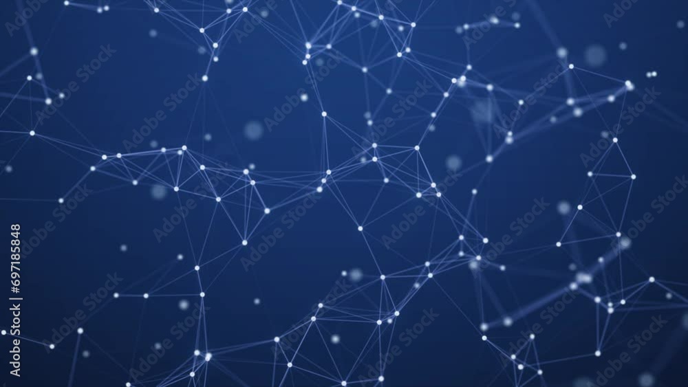 Poster dots and lines in the center blur in slow motion with a dark blue background, cybersecurity, and net