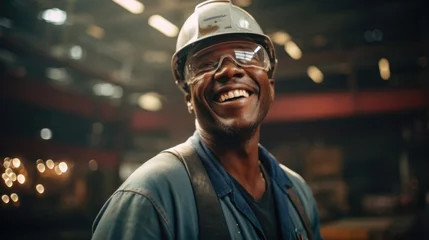 Fotobehang Industrial workers wear safety glasses at work, hard hat © Instacraft.Studio