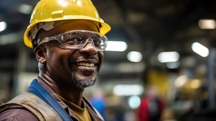Industrial workers wear safety glasses at work, hard hat