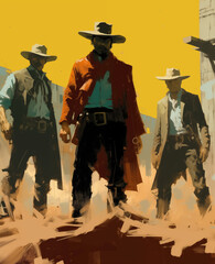 Three outlaws facing off in a classic high noon showdown - obrazy, fototapety, plakaty