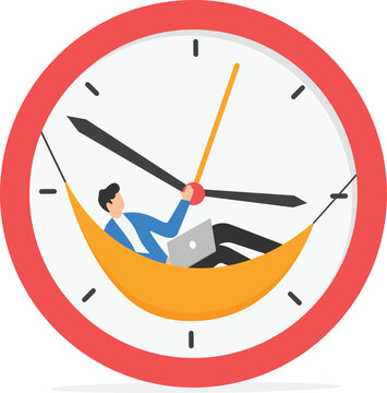Wasted time, procrastination or slow life, lazy to work, low productivity or efficiency, self discipline problem, tired or no motivation concept, lazy businessman sleeping on the time running clock.

