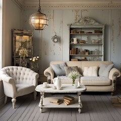 Shabby chic lounge with distressed furniture and vintage charm
