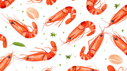 Seamless cartoon watercolour shrimp prawn pattern design with white background.
