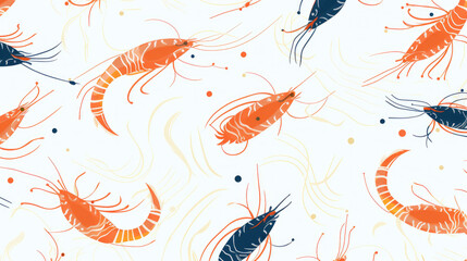 Seamless cartoon watercolour shrimp prawn pattern design with white background.
