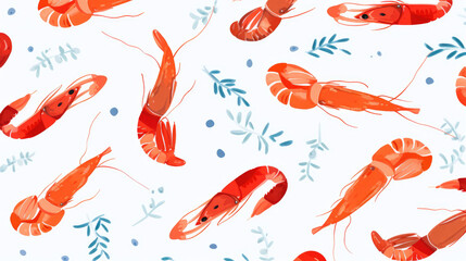 Seamless cartoon watercolour shrimp prawn pattern design with white background.
