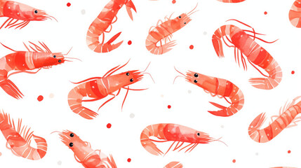 Seamless cartoon watercolour shrimp prawn pattern design with white background.
