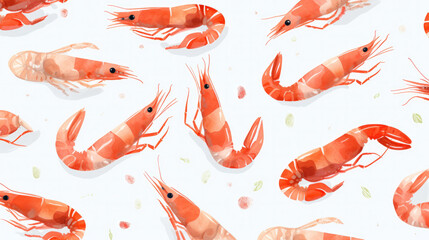 Seamless cartoon watercolour shrimp prawn pattern design with white background.
