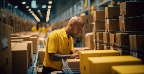 People work in a distribution warehouse sorting boxes on a conveyor