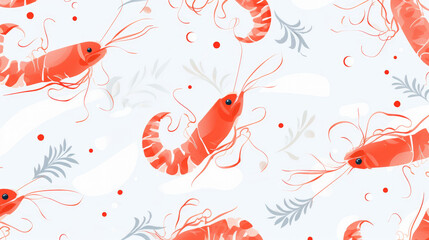 Seamless cartoon watercolour shrimp prawn pattern design with white background.
