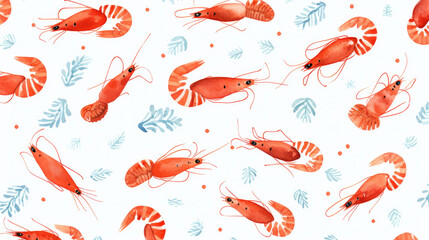 Seamless cartoon watercolour shrimp prawn pattern design with white background.
