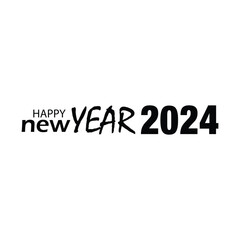 Happy New Year 2024 minimalist Logo. Abstract Hand drawn creative calligraphy vector logo design. 2024 New year black and white logo