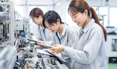 Asian workers assembling electronic parts in the factory