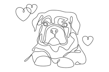Cute little bulldog, one line outline drawing. Dog is Human's friend. Drawing for a tattoo. Pet illustration, hearts