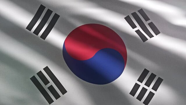 Animation of the East Asian country Republic of South Korea national symbol. South Korea national flag with a red blue symbol on white background. South Korea national symbol with four black trigrams.