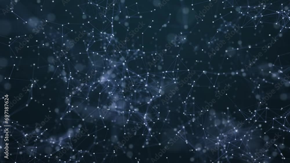 Poster dots and lines in the center blur in slow motion with a dark blue background, cybersecurity, and net