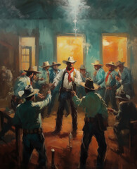 A tense moment inside a dimly lit saloon with cowboys reaching for their guns