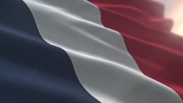 Animation of the waving striped france flag. Striped flag of the French Republic with blue white and red colours. Swinging the striped national flag of France. Symbol. Patriotism. Paris