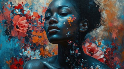 Expressive painting of African American woman in flowers