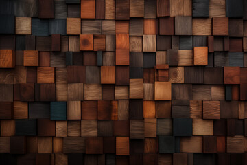 Wood art background abstract texture, closeup of detailed organic brown wooden squares geometric shapes - obrazy, fototapety, plakaty
