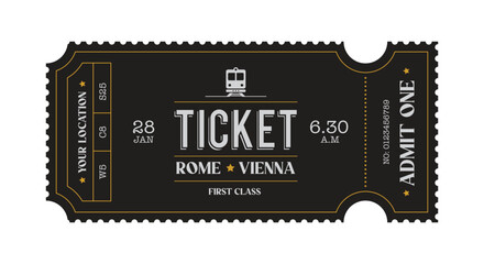 Train vintage ticket template on black background - obrazy, fototapety, plakaty