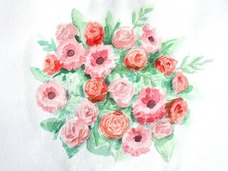Flowers painted with water colors. A beautiful bouquet of roses and gerberas. Greeting Card