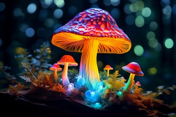 Mystical Magic fluorescent mushroom forest. Fungi poison. Generate Ai