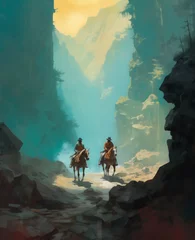 Deurstickers Cowboys guiding their horses through a scenic mountain pass © artefacti