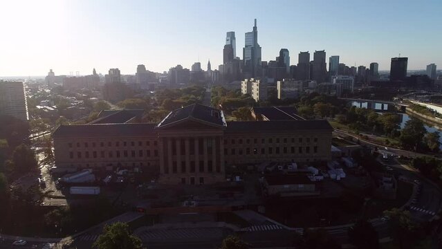 Backyard of Philadelphia Museum of Art and Rocky Steps. Cityscape in Background. Pennsylvania. Drone