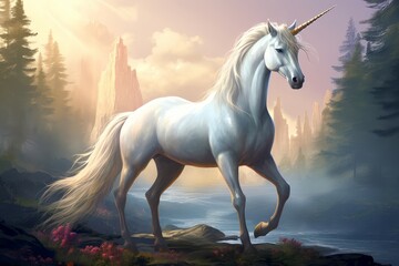 Naklejka na ściany i meble Radiant Majestic white unicorn. Person female. Generate Ai