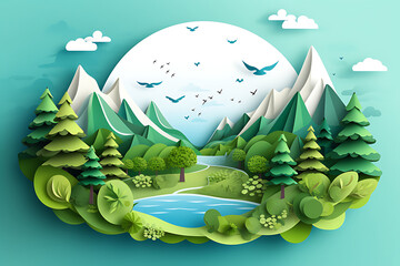 Paper cut illustration of two adult silhouettes planting a small tree in nature for greener the world environment.