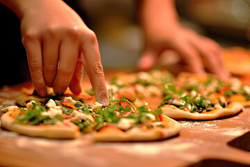 Chef's hands in the process of preparing pizza.