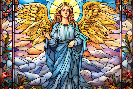 Vibrant stained glass window, fairy pattern, goddess, angel.