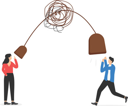 Bad communication, misunderstanding create confusion in work, miscommunicate unclear message and information concept, businessman talking through messy chaos, tangled phone line make other confused.

