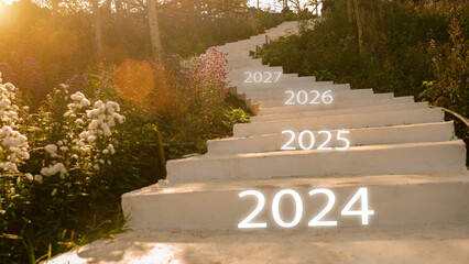 New year direction concept. Staircase corridor with number icons 2024 to 2027, success during the...