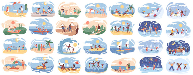 Active family outdoors. Set of vacationing family on winter and summer holidays