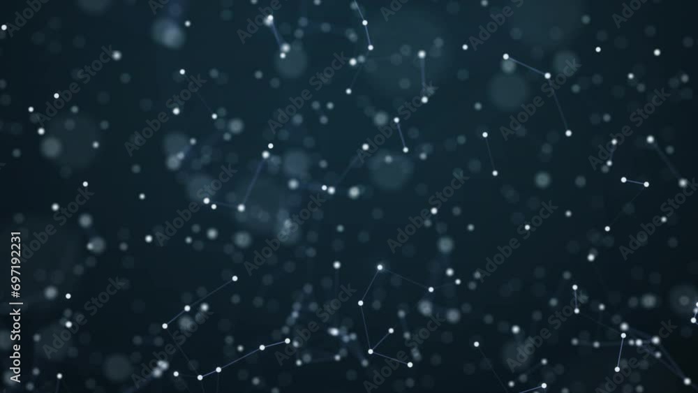 Poster dots and lines in the center blur in slow motion with a dark blue background, cybersecurity, and net