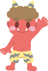 片手を上げて立っている赤鬼のキャラクターイラスト