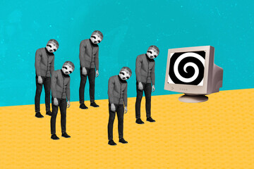 Horizontal caricature collage of bunch of headless people with sloth head instead controlled by...