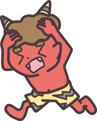 節分をイメージした、走って逃げている赤鬼のキャラクターイラスト