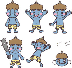 節分をイメージしたいろんなポーズの青鬼のキャラクターのイラストセット