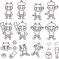 節分をイメージした小物と鬼のキャラクターの線画セット