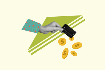 Photo collage picture black white arm holding credit card payment market dollar sing tokens emoney...