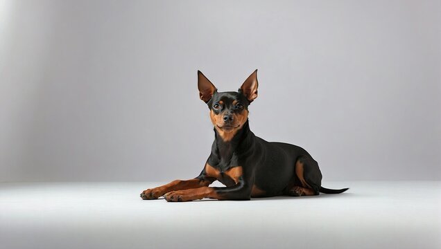 A sleek Miniature Pinscher dog poses with confidence on a white seamless background, its shiny black and tan coat and erect ears highlighting the breed's elegance and spirited character.