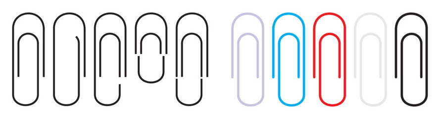 Paper clip icons set on white background. Paperclips in flat style. Office Paper Clip sign. Vector illustration - obrazy, fototapety, plakaty