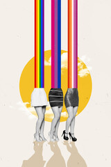 Creative vertical collage three attractive woman legs standing rainbow instead body headless...