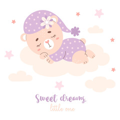 Cute sleeping animal bear on cloud. Vector illustration in pastel colors. Kids collection.